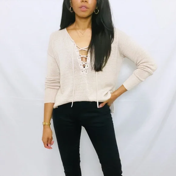 Loft | Beige Knit Long Sleeve Sweater V-Neck Lace Up Top - Picture 10 of 10